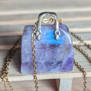 ⭐ Brazilian Amethyst Mini Bag Pendant Charm necklace steel Chain ☪️ NO RUST ☮️